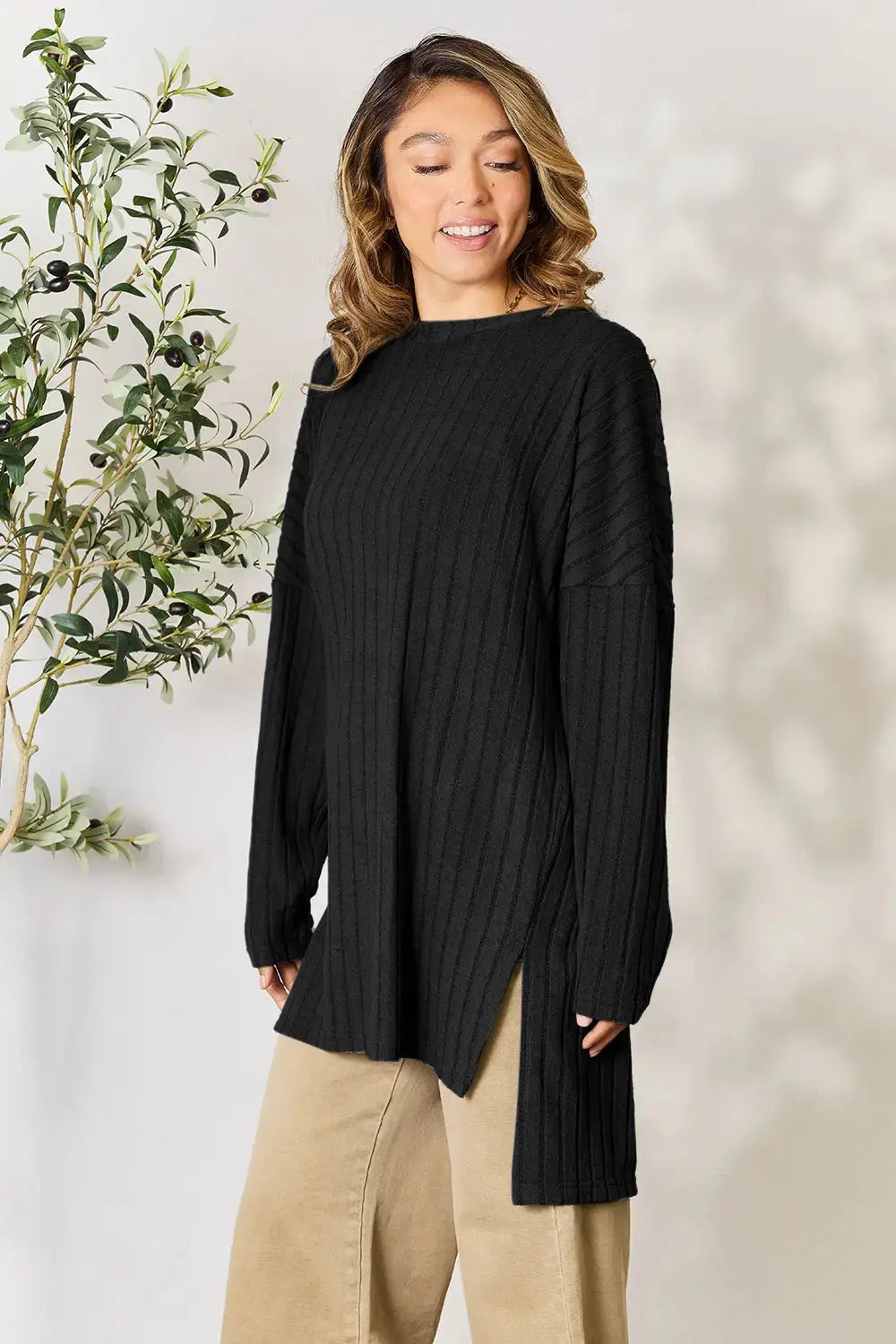 Basic Bae Full Size Ribbed Round Neck Long Sleeve Slit Top - Love Salve